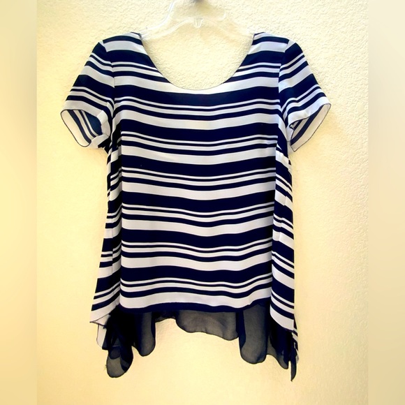 Anthropologie MAEVE Blue White Striped Short Sleeve Sheer Back Blouse Top. - Picture 3 of 6